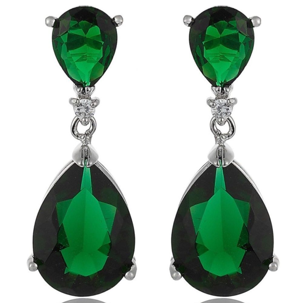 18K White Gold with Emerald Green Cubic Zirconia Dangling Post Back Earrings
